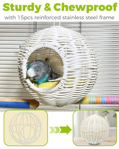 Chewproof Steel Frame Bird Nest for Cage, Washable Small Bed Hammock | Bird Hideout Lay Eggs Parakeet Nest Sleep Rest, Parakeet Warm Bed House Hut for Lovebird, Canary, Budgie, with Cushion - color: S-Long Chain-white for Small Birds