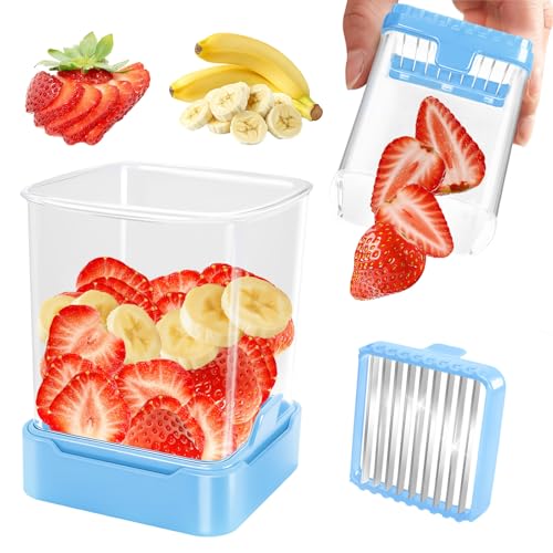 Fruit Slicer Cup for Strawberry, Banana, Hard-Boiled Egg - Detachable Cutter with Push Plate - Rapid & Safe Slicing Kitchen Gadget for Quick Meal Prep (Blue) - color: Blue