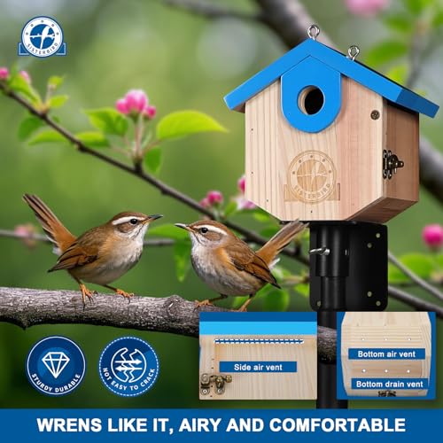 SISTERBIRD Wren Bird Houses for Outside Cedar Hanging Birdhouses for Outdoors 1-1/8" Entrance Hole Bird Houses for Outside Clearance Wooden Nesting Box Chickadee Predator Guard, Blue - color: Blue