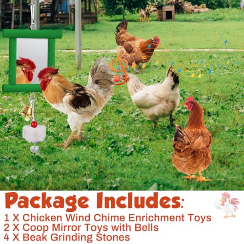 VioraWhite 7 Pcs Chicken Toys, Hanging Chicken Wind Chime, 2 Pcs Coop Mirror Toys with Bells 4 Pack Beak Grinding Stones, Musical Coop Accessories for Hen Rooster Chick Poultry Birds(Green, Blue) - color: Green, Blue
