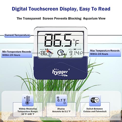 hygger Digital Aquarium Thermometer Records Max Min Temperature Sensor Gauge with LCD Display Stickable Fish Tank Thermometer for Saltwater, Freshwater, Fish, Amphibians, Reptiles
