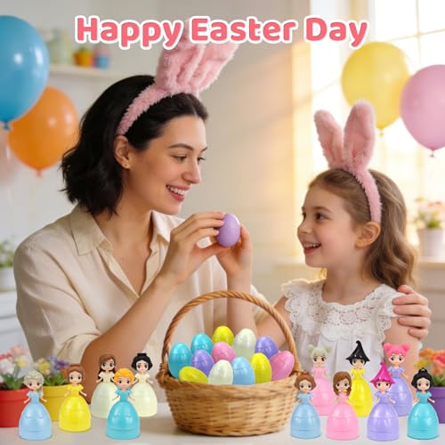 12PCS Pre Filled Easter Eggs Gifts for Kids with Transforms into Princess Toys Easter Basket Stuffers Easter Eggs Hunt Easter Party Favor Prize Classroom Rewards Toys for Girls