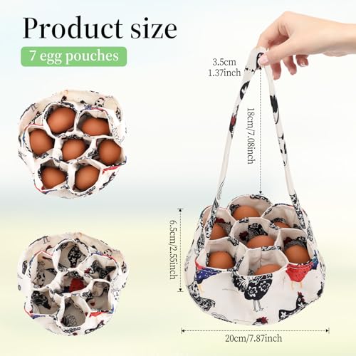 JJUNW 1 Pc Egg Collection Basket, Farmhouse Chicken Egg Holder with 7 Bags, Handheld Egg Purse Egg Basket for Collecting Fresh Eggs, Housewife Garden Transport Storage(Beige Chicken)