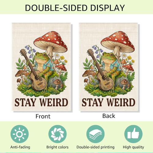 RZHV Stay Weird Double-Sided Garden Flag for Outdoor House Yard Sign Garden Decor Parade, Cute Frog Mushrooms Vertical House Lawn Yard Sign, Housewarming Banner Gifts for Frog Lover Friends Neighbors - color: Weird B