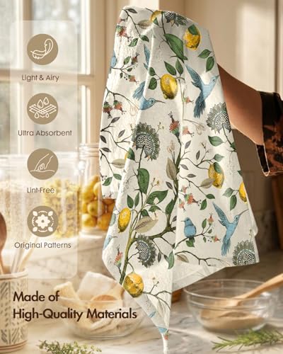 150GSM Flour Sack Kitchen Towels Set of 2, Lemon Birds | 18"x26", Lightweight, Lint-Free, Pure Cotton, Decorative, with Hanging Loop, Absorbent, Softer after Wash, Giftable Package - color: Lemon Bird