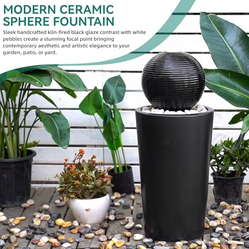 Autodaya 30"H Ceramic Sphere Water Fountain with LED Light for Garden Patio | Modern Minimalist Design, Black Glaze with White Pebbles, Soothing Trickling Water Feature, Artistic Charm, Tranquil Ambiance - color: 30"h Black