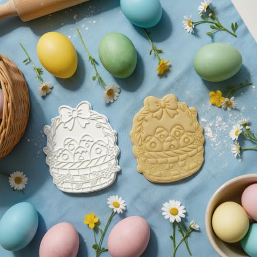 Easter Cookie Cutters Basket Egg 3.5" with Plunger Stamps Handle Spring Holiday PLA Baking Molds Gifts Decorative Party Kitchen Cake Supplies - color: Easter Egg Basket