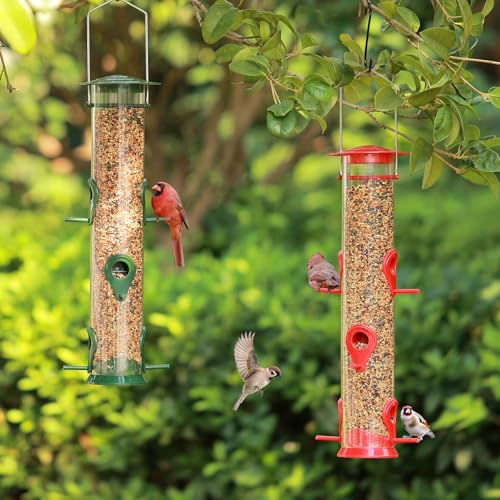 2 Packs Bird Feeder Tube Hanging Feeders, 6 Port Wild Bird Feeders Premium Hard Plastic with Steel Hanger Weatherproof and Water Resistant Great for Attracting Birds 18.2 Inches Large (Red + Green) - color: 2Packs-red&green