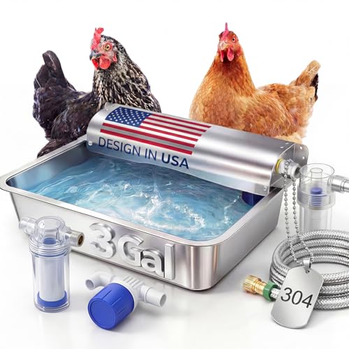 Automatic Chicken Waterer Real 304 Stainless Steel Metal | 3 Gallon Poultry Waterer with Upgraded Float Valve, Extra Filter, 1.5M Hose