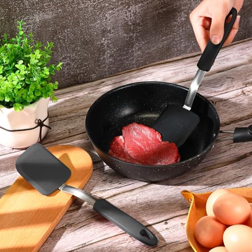 Silicone Cookie Spatula Turner 2 Pack Mini Brownie Spatula Flexible Kitchen Small Silicone Turner for Nonstick Cookware Heat Resistant No Scratch Flipper for Egg(Solid Flat,Black, Grey) - color: Black, Grey