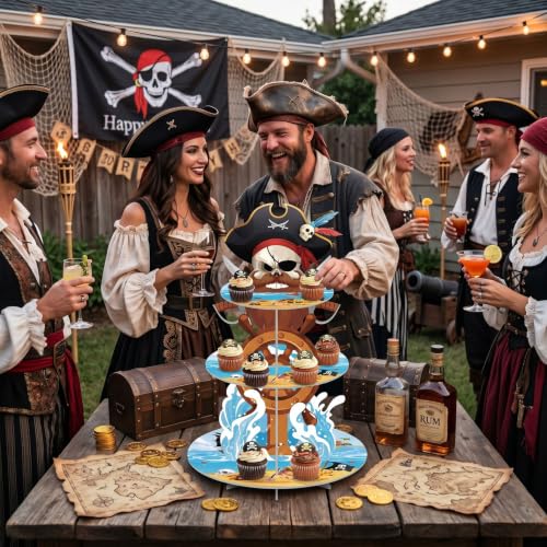 3 Tier Pirate Cupcake Stand Decoration Nautical Sailing Skull Cap Cupcake Tower Pirate Table Decoration Treasure Dessert Holder Table Display for Birthday Halloween Nautical Party Decor - style: Pirate