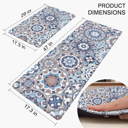 Farmhouse Boho Anti Fatigue Kitchen Mats, 17.3"x47"+17.3"x29", Blue | Cushioned Non Slip Memory Foam Waterproof, Vintage Kitchen Decor Rugs for Floor, Set of 2 for Sink Laundry Office - color: Blue Vintage