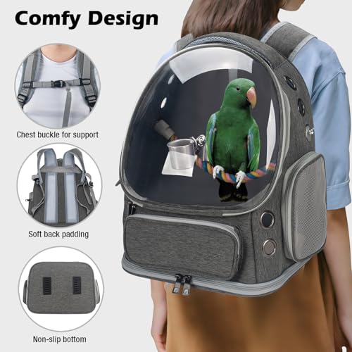 Bird Backpack Carrier Travel Cage with Perch, Tray and Breathable Clear Window, Bird Travel Cage for Cockatiel Caique Conure Quaker, for Vetting Camping Hiking (Grey) - color: Grey