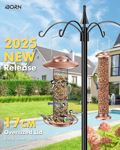 iBorn Peanut Bird Feeder,Sunflower Seed Feeder,13.5 Inch Metal Mesh Tube Bird Feeders for Outdoors Hanging,Squirrel-Proof Birdfeeders for Peanut with 17cm Weatherproof Roof & Tray,2 LB Capacity,Copper - color: Copper,13.5" Peanut Bird Feeder