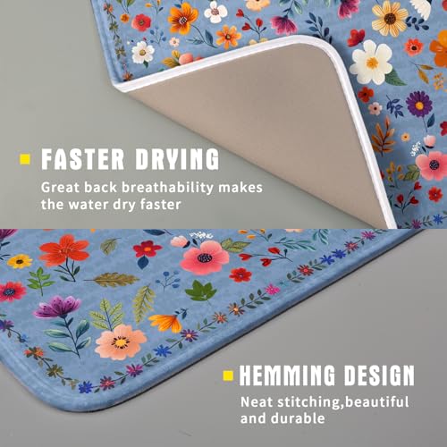 Lovely Flowers Dish Drying Mat - Blue Floral Kitchen Counter Microfiber Drying Pad 16 X 18 for Home Decor - color: Wildflowers Blue, size: 18" x 16"