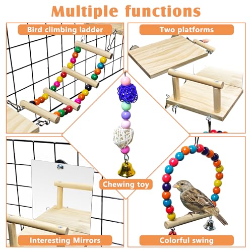 BNOSDM Bird Perch Platform with Mirror, Wooden Climbing Ladder for Parakeet, Small Bird Swing Toys with Hanging Chewing Balls Parrot Cage Accessories Budgie Playground for Cockatiel, Lovebird, Conure - color: 6in1 Bird Perch Platform
