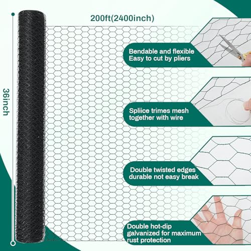 GlikCeil 36 in x 200 ft Chicken Wire Fencing Metal Floral Chicken Wire Mesh for Crafts Poultry Garden, 1 Inch Hexagonal Galvanized Hardware Netting for Poultry Coop Barrier Rabbit Cage (Black) - color: Black, size: 36 in X 200 ft