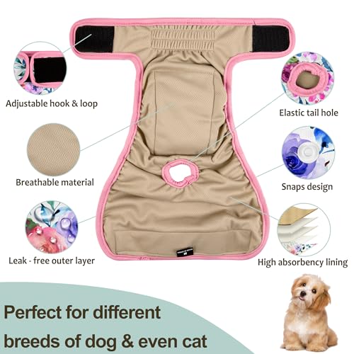 Dog Diapers Female - Reusable Diapers for Doggie in Heat - Highly Absorbent for Pet Incontinence with Snaps (Pack of 3) Rose, S - color: 3pcs rose flowers pattern, size: Small（New Born-11.5“Waist）