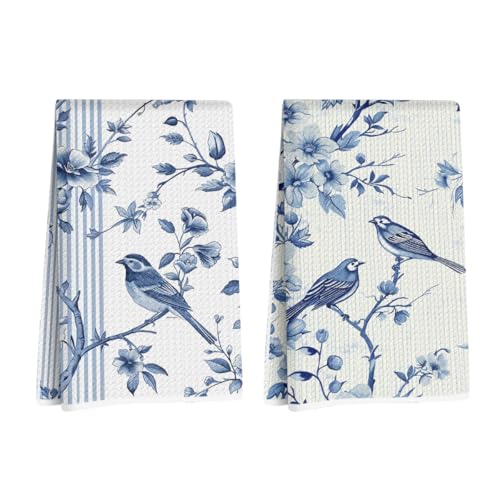 2 Pcs Floral Bird Kitchen Towels Decorative Tea Towel | Waffle Soft Hand Towels for Farmhouse, Home, Bathroom, Housewarming Gifts, Absorbent Microfiber Dish Cloth - color: Multi 1258