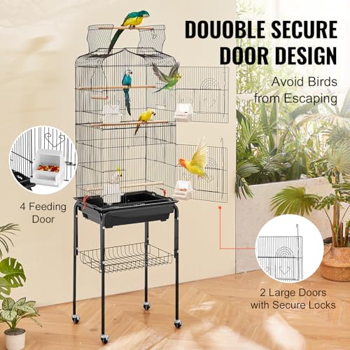 VEVOR 64-inch Open Top Large Parrot Bird Cage with Detachable Rolling Stand for Parakeets Finches Canaries Lovebirds Cockatiels Budgies Small Quaker Conures Flight Birdcage with Swing and Perch - size: 18.0"L x 14.0"W x 59.5"H