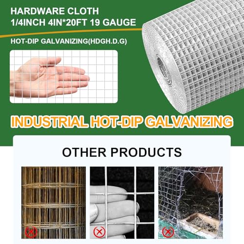 4in x 20ft Hardware Cloth 1/4 inch Chicken Wire Fencing Mesh | Hot-Dip Galvanized Welded Heavy Duty 23 Gauge steel for Garden, Rabbit Cage, Rodent Poultry Enclosures & Predator Protection - size: 4in x 20ft