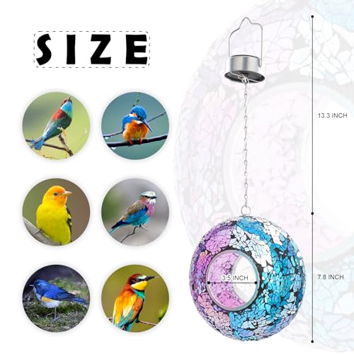 VCUTEKA Mosaic Bird Feeders, Solar Fly Through Birdfeeder for Garden Decor | 8" Mosaic Bird Feeder for Outside Hanging Round Shape Glass Container to Attract Wild Bird Feeders for Garden Bird Lovers - color: Blue&Purple