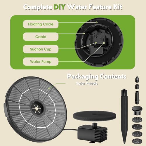 AISITIN Solar Fountain for Bird Bath, DIY Separated Design & Ground Stakes | 6 Nozzles, 3 Anti-Drift Fixing Bracket, Prevents Clogging, Attract Birds, Solar Bird Bath Fountain for Garden Fish Tank Pond