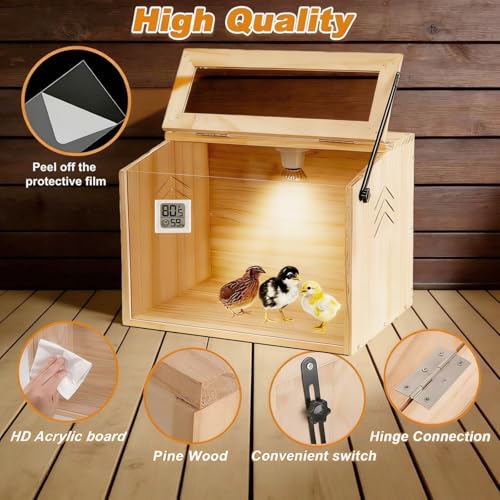 Chicken Brooder Box for Chicks & Quail,Pine Wood.16 Lx12 Wx12 H, Ducks,Chicken Coop,Quail cage,2 Washable Liners,Adjustable Temperature Control.