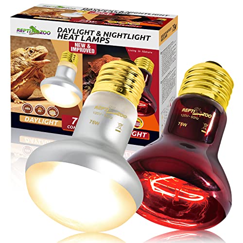 REPTI ZOO 75W Reptile Heat Lamp Bulb, 2PCS Day & Night Basking Spot Light Combo Pack Includes Infrared Heat Lamp and UVA Daylight Heating Lamp Basking Light - style: Day & Night Heat Lamp
