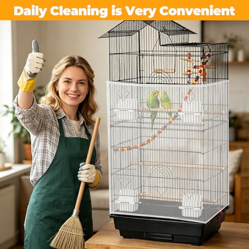 Large Bird Cage Seed Catcher Universal Bird Cages Net Cover | 31" x 118" Adjustable Nylon Mesh Skirt with Elastic Band for Parrot & Parakeet Cage (Not Include Birdcage) - White