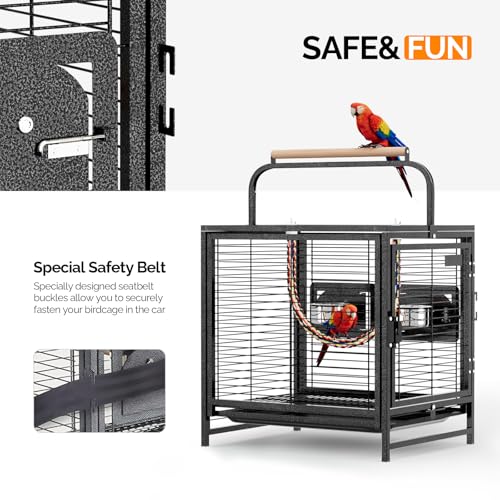 VINGLI Small Bird Cage, 19 inch Travel Carrier Bird Cage with Handle, Wrought Iron Parakeet Cage with Wooden Perch for Parrot Lovebirds Finches Small/Medium Birds (Hammertone Black) - color: Hammertone Black