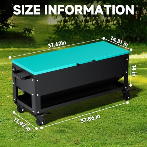 Heavy Duty Chicken Feeder 120 lbs Large Capacity, Metal Automatic Poultry Feeding Box with Waterproof Lid, Raised Standing Feeder with Wheels for Hens & Roosters, Portable & Easy to Move