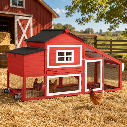 Chicken Coop with Run and Wheels Outdoor Poultry Hen House with Slide-Out Tray Chicken Cage Weatherproof Roof Predator-Proof for Backyard Red - color: 72.3"L Red & White