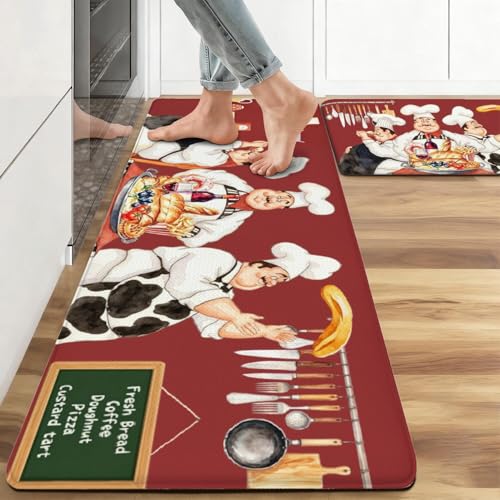 Chef Anti Fatigue Kitchen Mats for Floor, 17.3"x47"+17.3"x29", Red | Cushioned Non Slip Memory Foam Waterproof, Farmhouse Decor Rugs Set of 2 for Sink Laundry Office - color: Chef