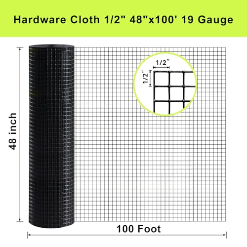 Black Vinyl Coated Hardware Cloth 1/2 Inch 48inchx100foot 19 Gauge | Black PVC Coated Welded Wire Mesh Roll, Welded Wire Fencing Chicken Wire Mesh Roll Cage Wire Netting, Rabbit Cage - size: 1/2" x 1/2" 48" x 100'