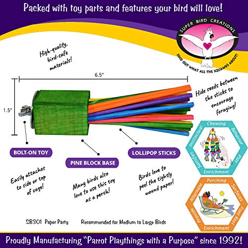 Super Bird Creations - SB301 Chewable Paper Party Bird Toy with Colorful Lollipop Sticks - Ringnecks Medium Conures Parrot - Chew Enthusiasts - Enriching Bird Toys for Medium to Large Birds - 4-Pack - size: Large (Pack of 4)