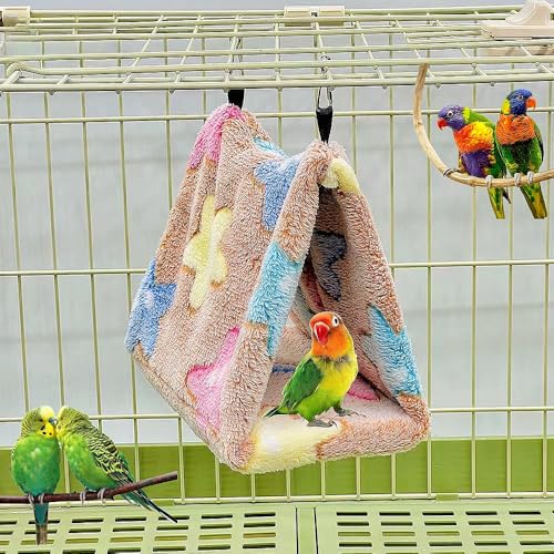 2 Pack Bird Nest Plush Snuggle Bird Hammock Hanging Bird Cave Parrot Sleeping Bed Shed Hut Hanging Tent for Budgies Finch Parakeet Cockatiel Cockatoo Lovebird-Star Pattern (Brown&Purple) - color: Brown&Purple(Star)