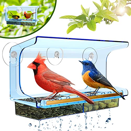 LUJII Blue Window Bird Feeder with 5 Super Strong Suction Cups, All One Piece Construction, Removable Seed Tray, Accommodates Large Birds Like Cardinals or Blue Jay for Outside Wild Bird Feeding - color: Blue, size: M