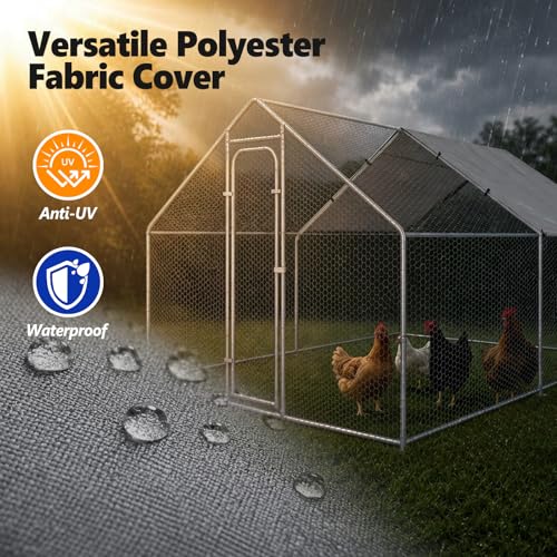 Metal Chicken Coop with Waterproof Pitched Roof, 13.1×9.8×6.4ft | Thickened Steel Frame, Predator-Proof Wire, Weatherproof & UV Resistant Cover, Detailed Assembly Guide & Tool Kit - size: 157.2"L x 118.1"W x 76.8"H