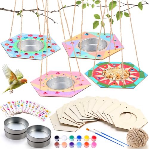 CroBlissful 12 Pack Bird Feeder Craft Kits for Kids DIY Your Own Bird Feeders with Paint and Paintbrushes Wooden Arts and Crafts for Kid Ornaments to Paint Feeders Craft for Garden (Hexagon) - style: Hexagon