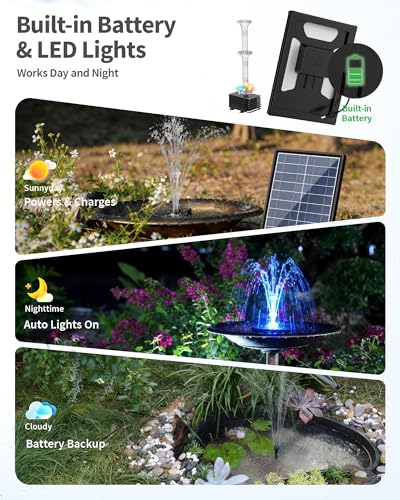 8W Solar Fountain Pump with 3200mAh Battery Backup & LED Lights, Solar Water Fountain Kit with 8 Nozzles & PVC Tubing for Bird Bath, Pond, Fish Tank, Backyard Decor P108DL - size: 8W Fountain with LED Light