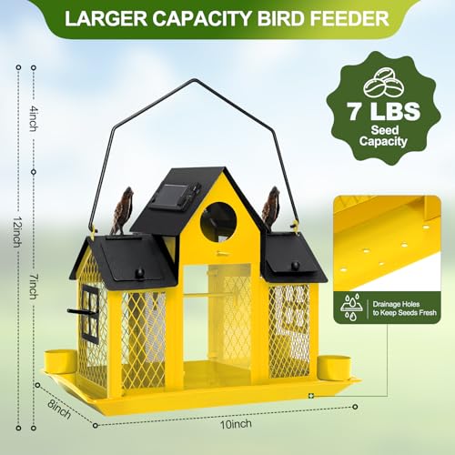 Solar Bird Feeders for Outdoors Hanging, Bird Houses for Outside | Yellow,Wild Metal Bird Feeder,7LBS Large Capacity with Water Cup,Squirrel Proof Cardinal Bird feeder,Gift for Bird Lovers - color: Yellow