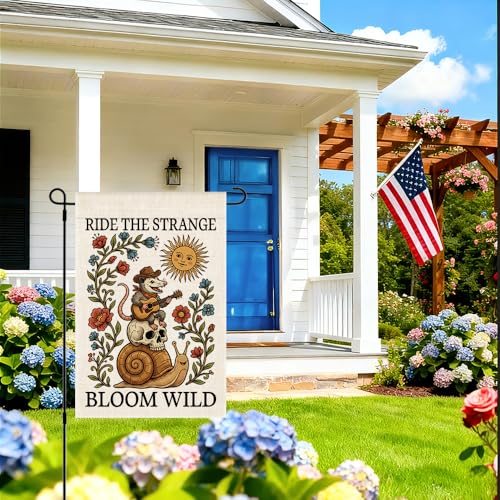 RZHV Ride The Strange Bloom Wild Double-Sided Garden Flag for Outdoor House Yard Sign Garden Decor Parade, Funny Opossum Snail Flowers Home Outdoor Banner Decoration, Motivational Lawn Patio Yard Sign - color: Bloom Wild