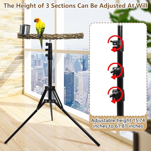 kathson 28-60inches Height Adjustable Bird Perch, Pepperwood Parrot Perch Stand with Feeding Cup, Multi-Purpose Bird Perches for Indoor and Outdoor Use, Designed for Small Medium Birds (3 PCS) - size: Bird Perch with Feeding Cup and Toy (3 Pieces)