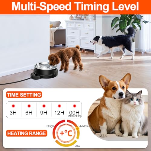 Heated Water Bowl for Dog Cat,Outdoor Heated Pet Bowl Food Bowl with 3 Temperature Settings & 12H Timer,50 oz Removable Stainless Steel Bowl,79" Anti-Chew Cord,for Dogs Cats Chickens Ducks Birds