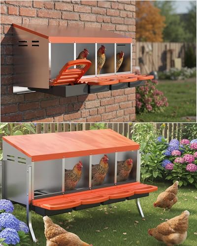 GarveeLife Chicken Nesting Box 4 Hole, Galvanized Steel Nest with Roll Away Egg Collection & Swing Perch, Easy-Clean Laying Box for Hens, Heavy Duty Design for Chicken Coop - color: Orange, size: 4 holes with legs