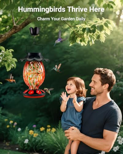 HouseSapp Solar Hummingbird Feeder - 49 fl.oz Hand Blown Glass Color Changing - 7 Feeding Ports with Perch - Never Leak - Perfect Hummingbird Feeder - color: Red