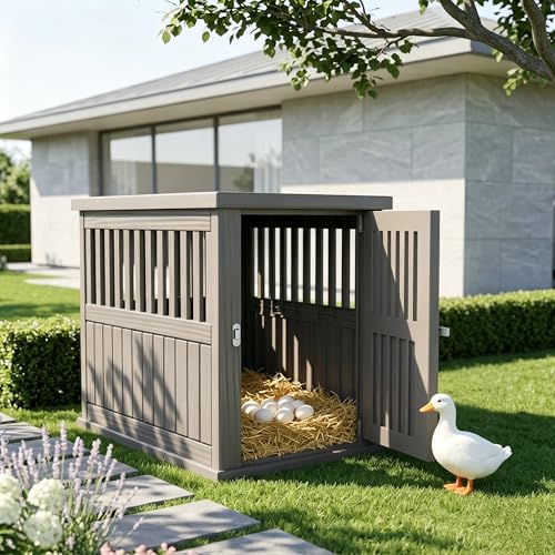 Vixzen Outdoor Duck House, PP Resin Versatile Poultry Shelter, Features Visible Railing with Stainless Steel Lock and Top Storage Space Chicken Coop, Ideal for Outdoor Use on Patios, Farms（Gray） - color: Gray, size: 39.4"L x 28.4"W x 32.8"H