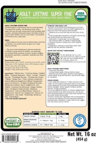 Harrison's Bird Foods Adult Lifetime Certified Organic Non-GMO Formula Small Bird Food 1lb - size: 1 Pound (Pack of 1)