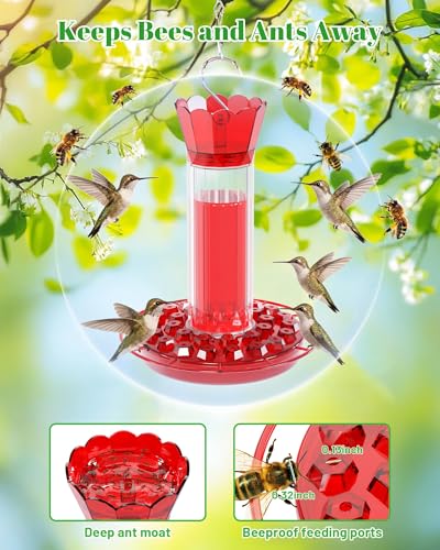 Hummingbird Feeders for Outdoors - 30 Bee Proof Feeding Ports 10 oz Red Hanging Plastic Humming Bird Feeder with Built-in Ant Moat, Perches for Outside Garden Yard Decorative